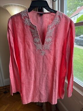 Land's End Women's Pink Embroidered V-Neck Tunic Top - Size L/14-16